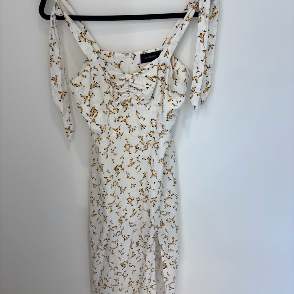 Minkpink Lined Linen Floral Print Dress with slit above the knee